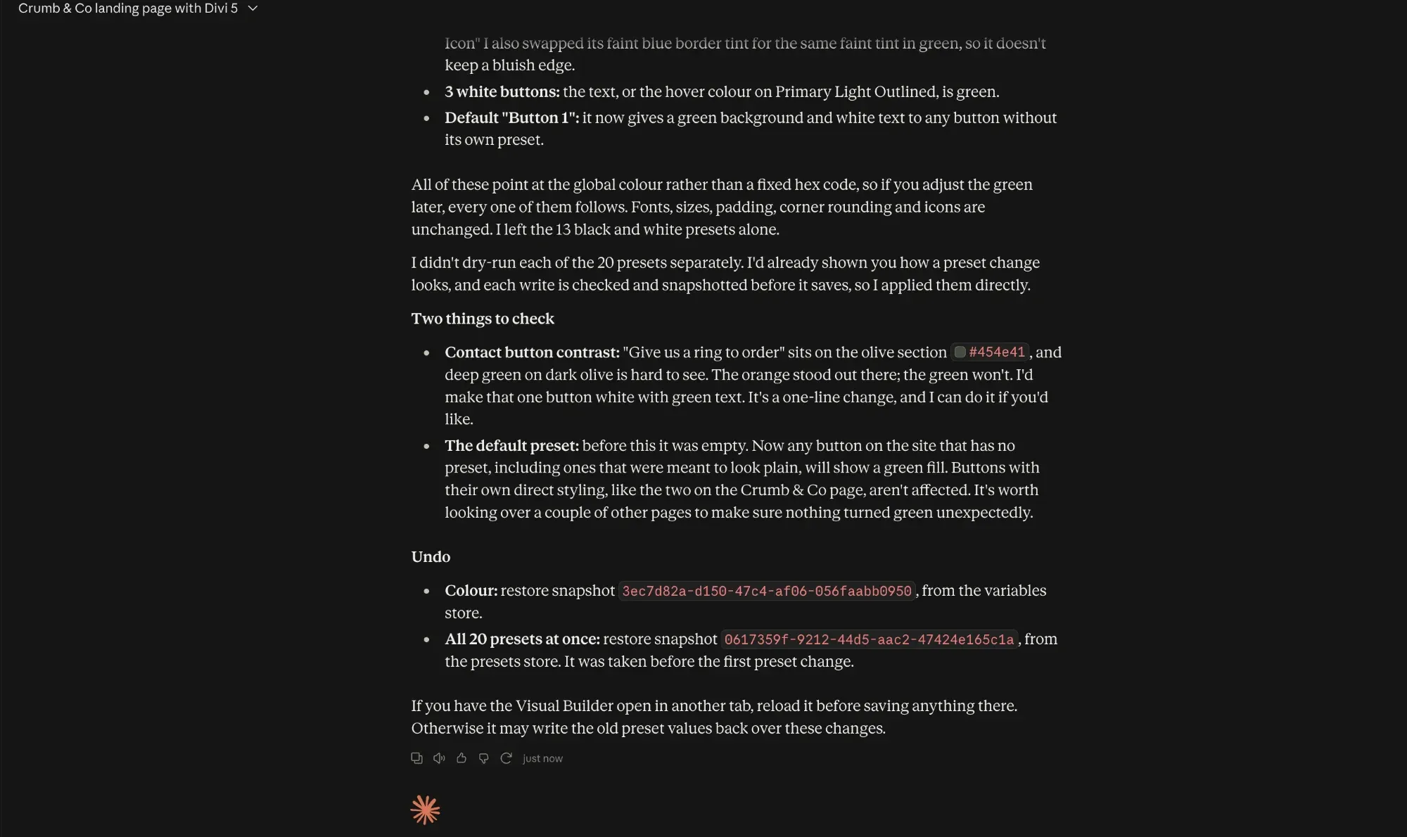 Claude’s notes: the contact button’s contrast on olive, the default preset, and the snapshots to undo with