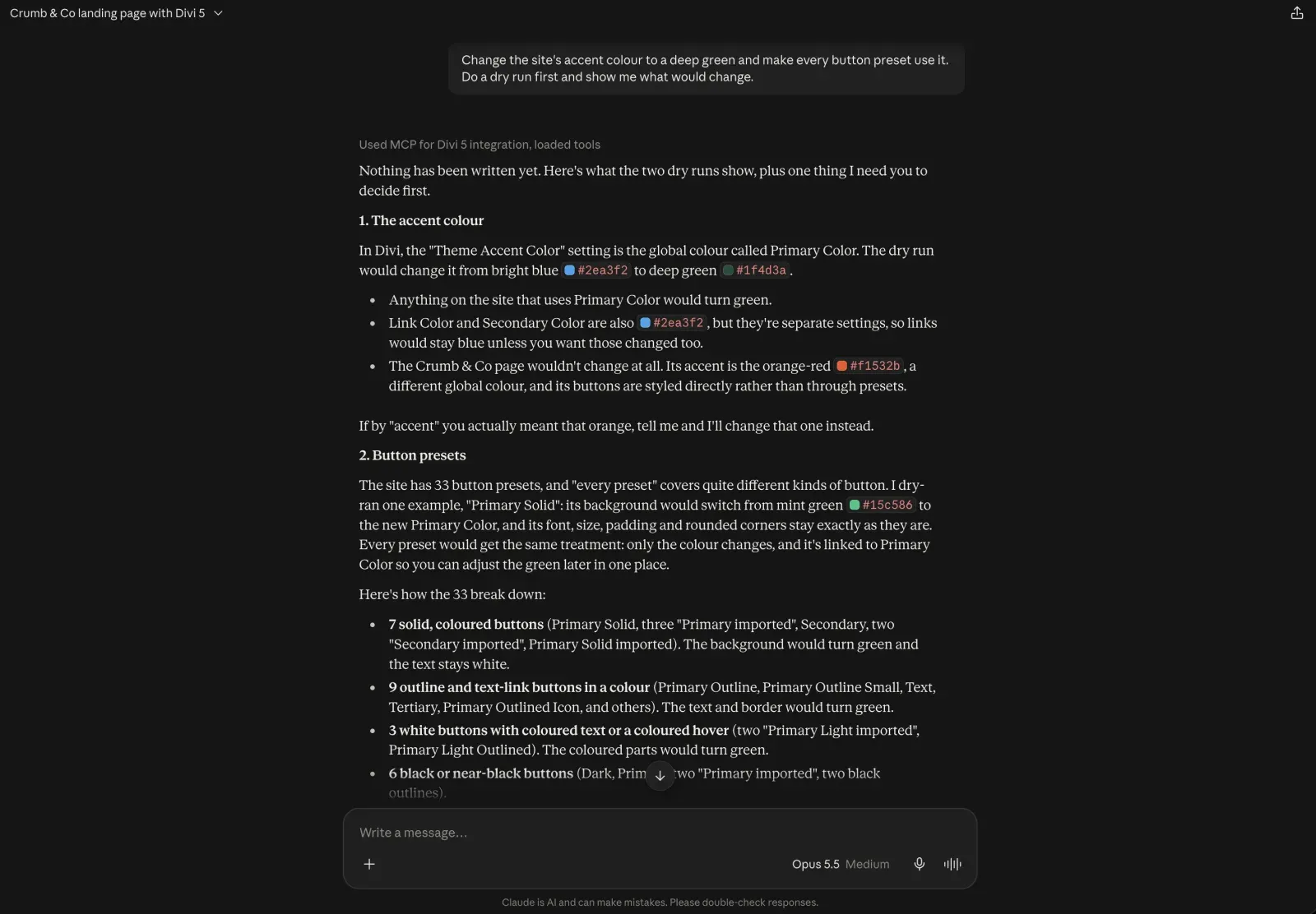 claude.ai with the dry run: nothing written yet, a question about which accent colour, and the 33 button presets grouped by kind