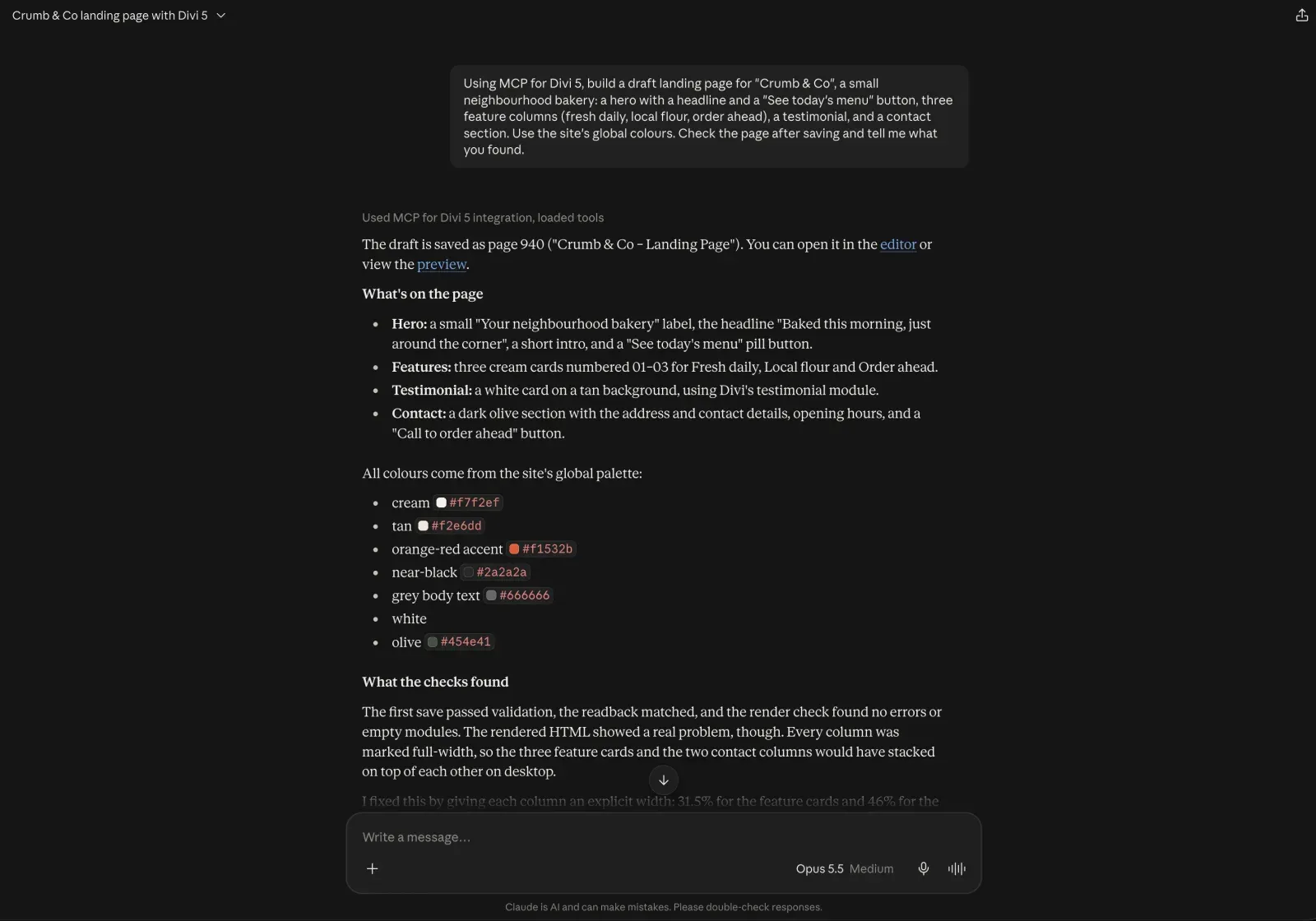 claude.ai with the Crumb & Co prompt, and Claude’s reply listing the sections and the site’s global colours