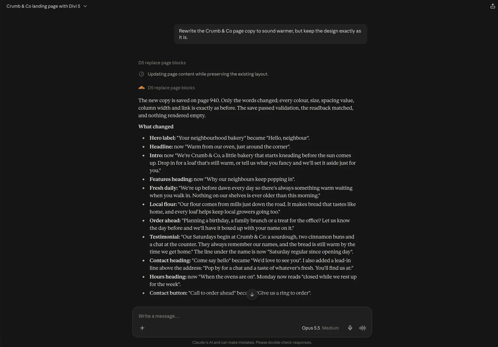 claude.ai with the rewrite prompt and Claude’s list of every line it changed