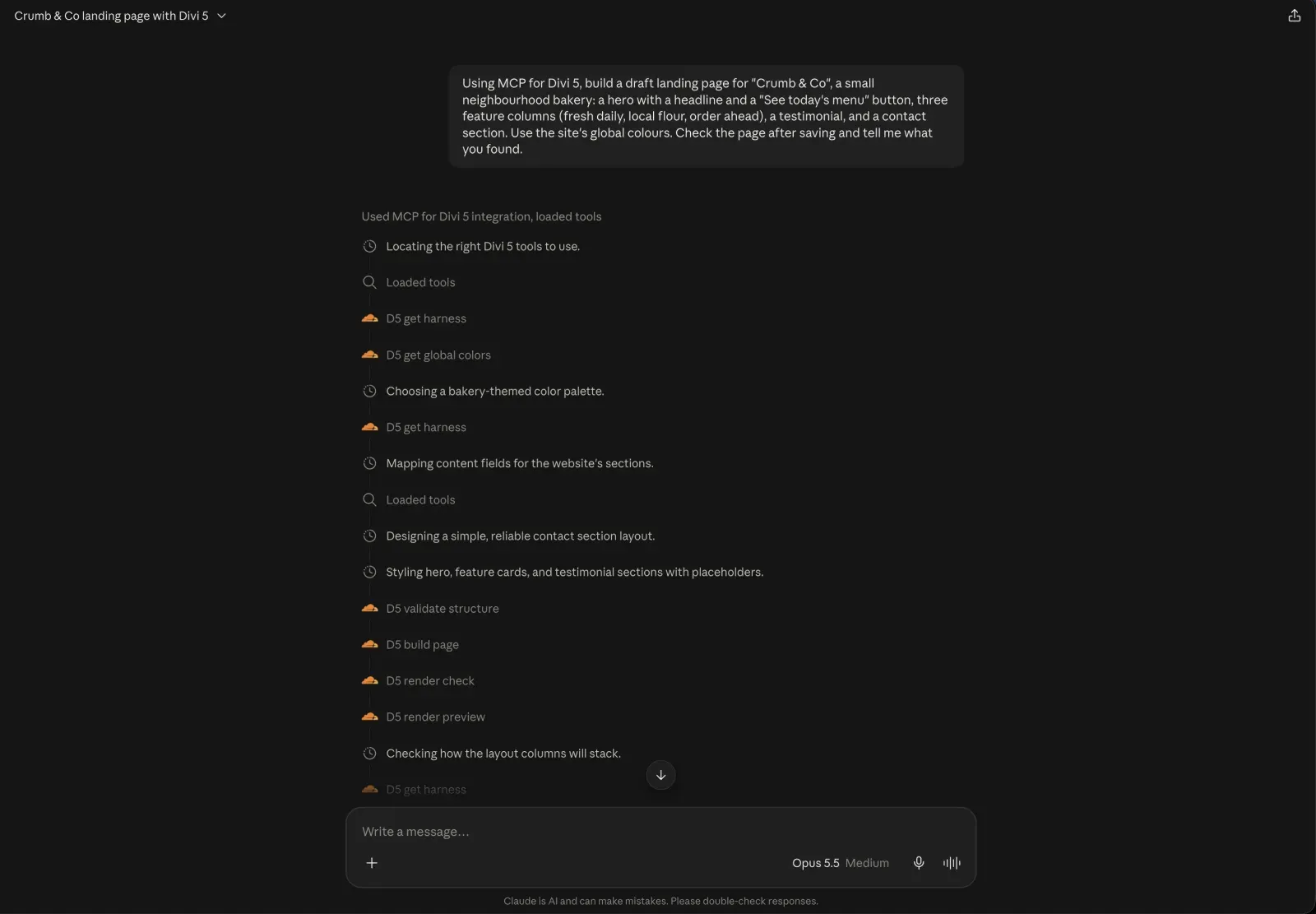 claude.ai working through the build: loading the plugin’s guide and colours, validating the structure, building the page and running the render checks