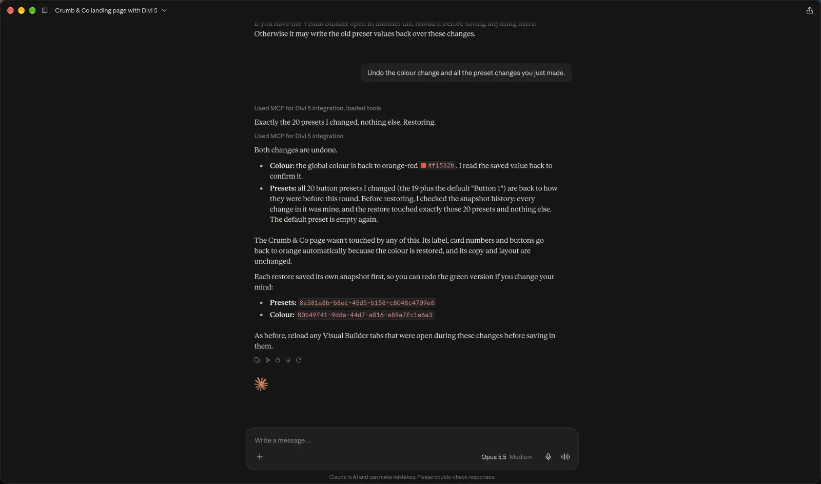 claude.ai undoing the rebrand: the colour back to orange-red and all 20 presets restored, with the snapshots to redo it