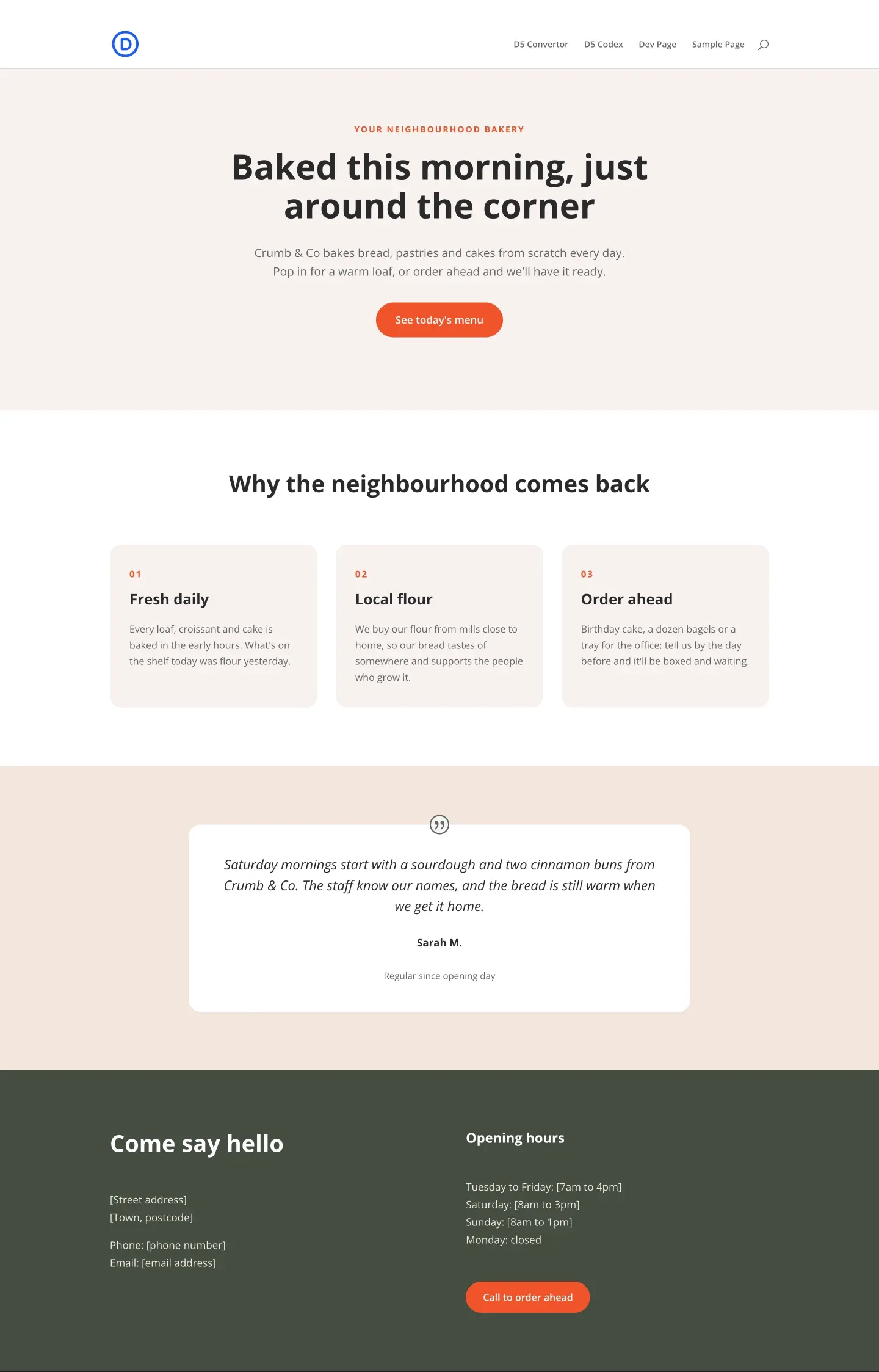 Before: the Crumb & Co page as first built, with the headline “Baked this morning, just around the corner”