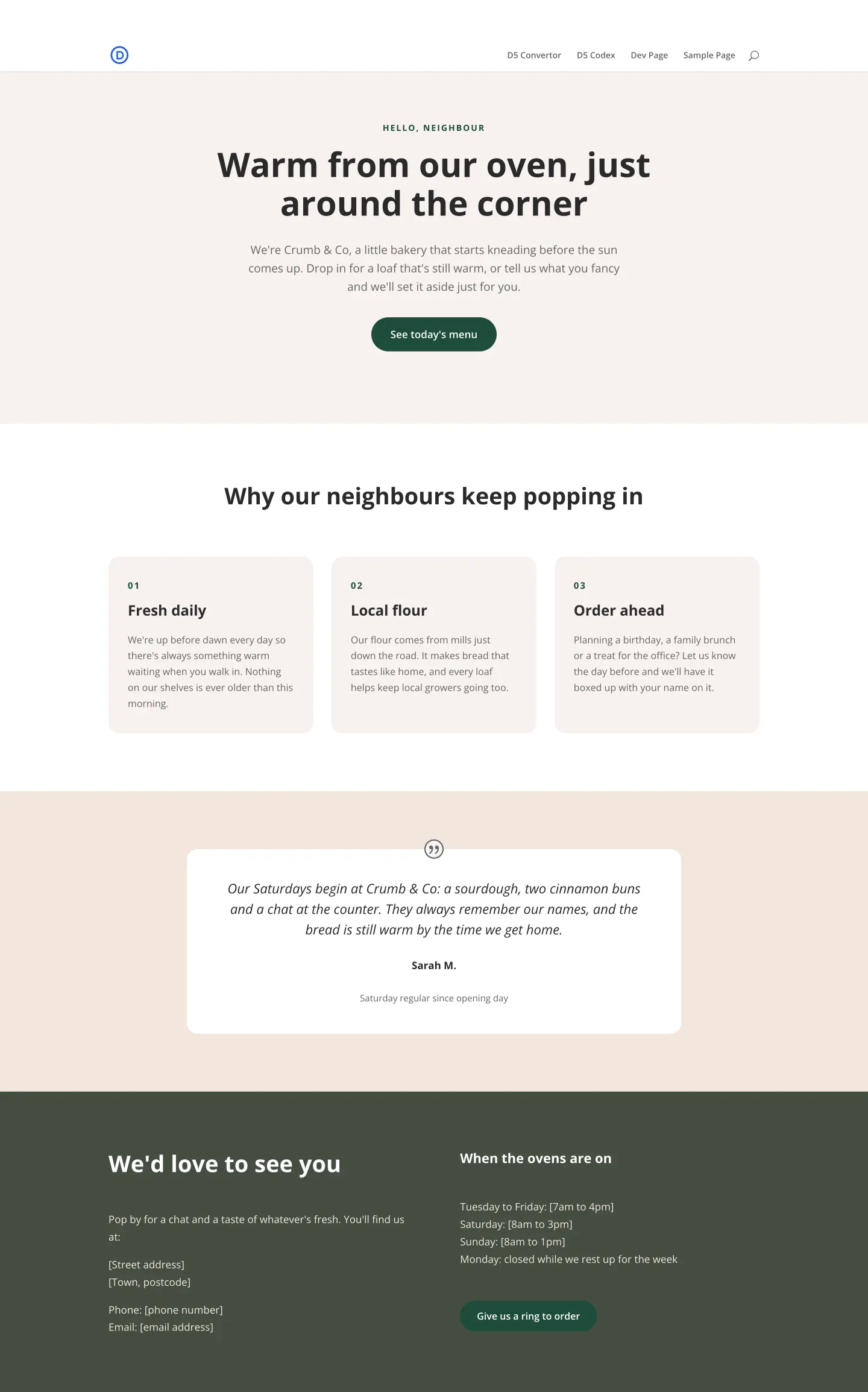 Before the undo: the Crumb & Co page in deep green