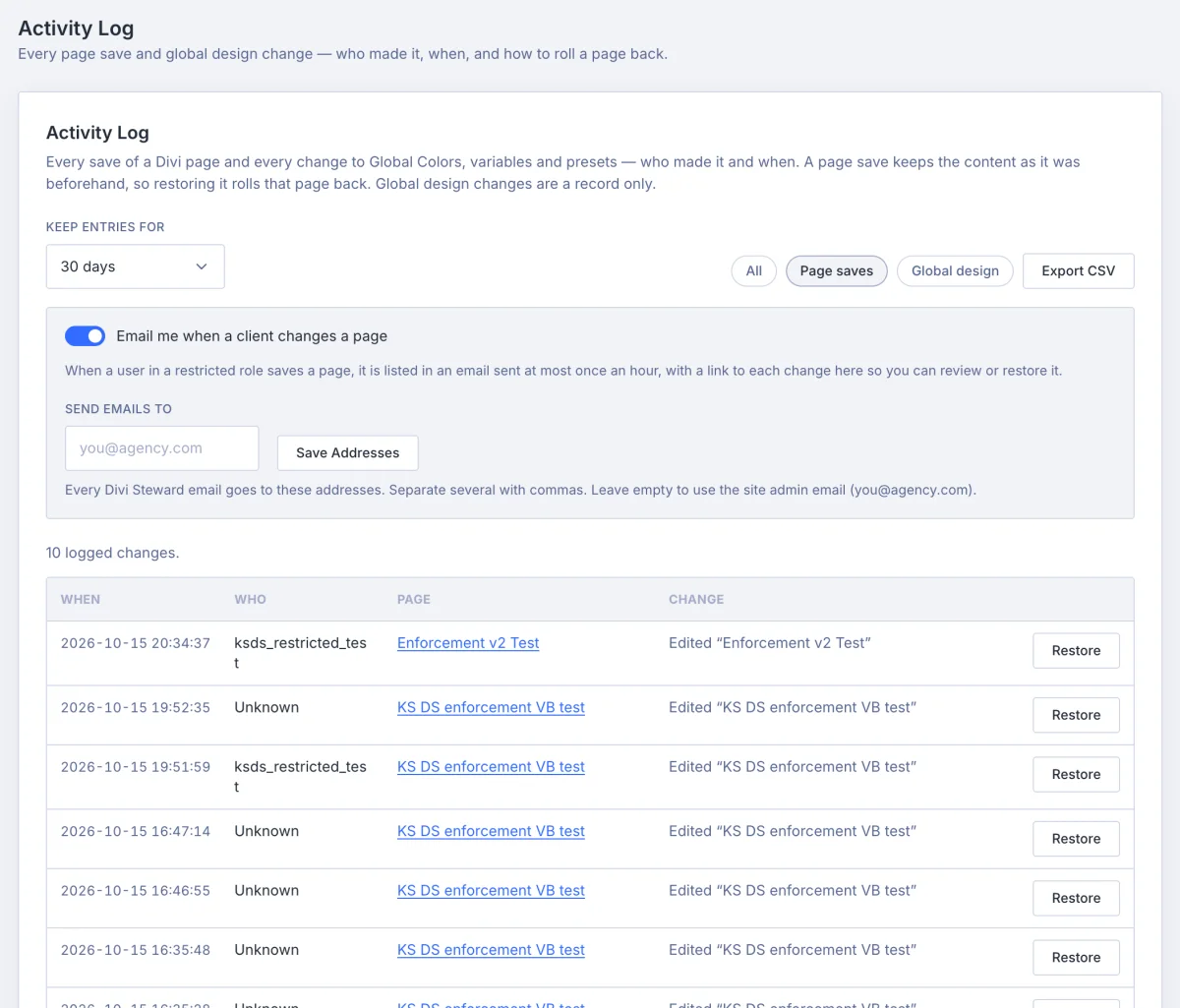 The activity log listing Divi page saves, each with who saved it and a Restore button