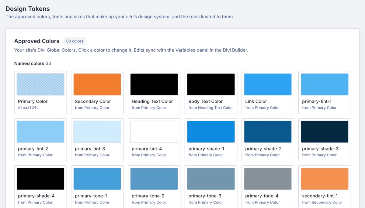 The Design Tokens tab with the site's approved Global Colors