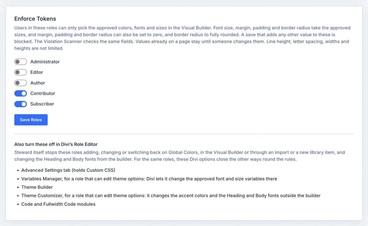 The Enforce Tokens settings, with Contributor and Subscriber limited to the approved tokens