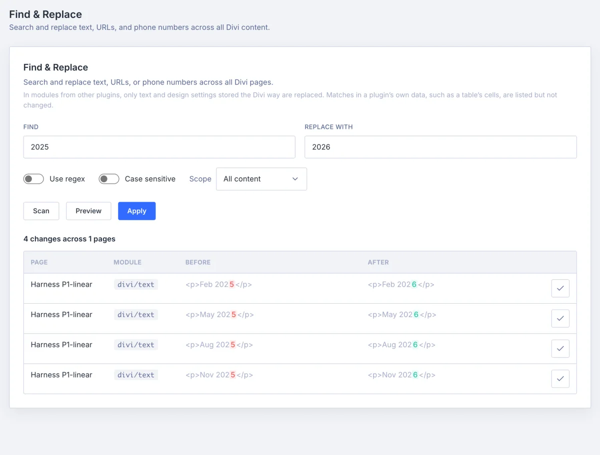 Find and replace previewing a year change across every Divi page before it is applied