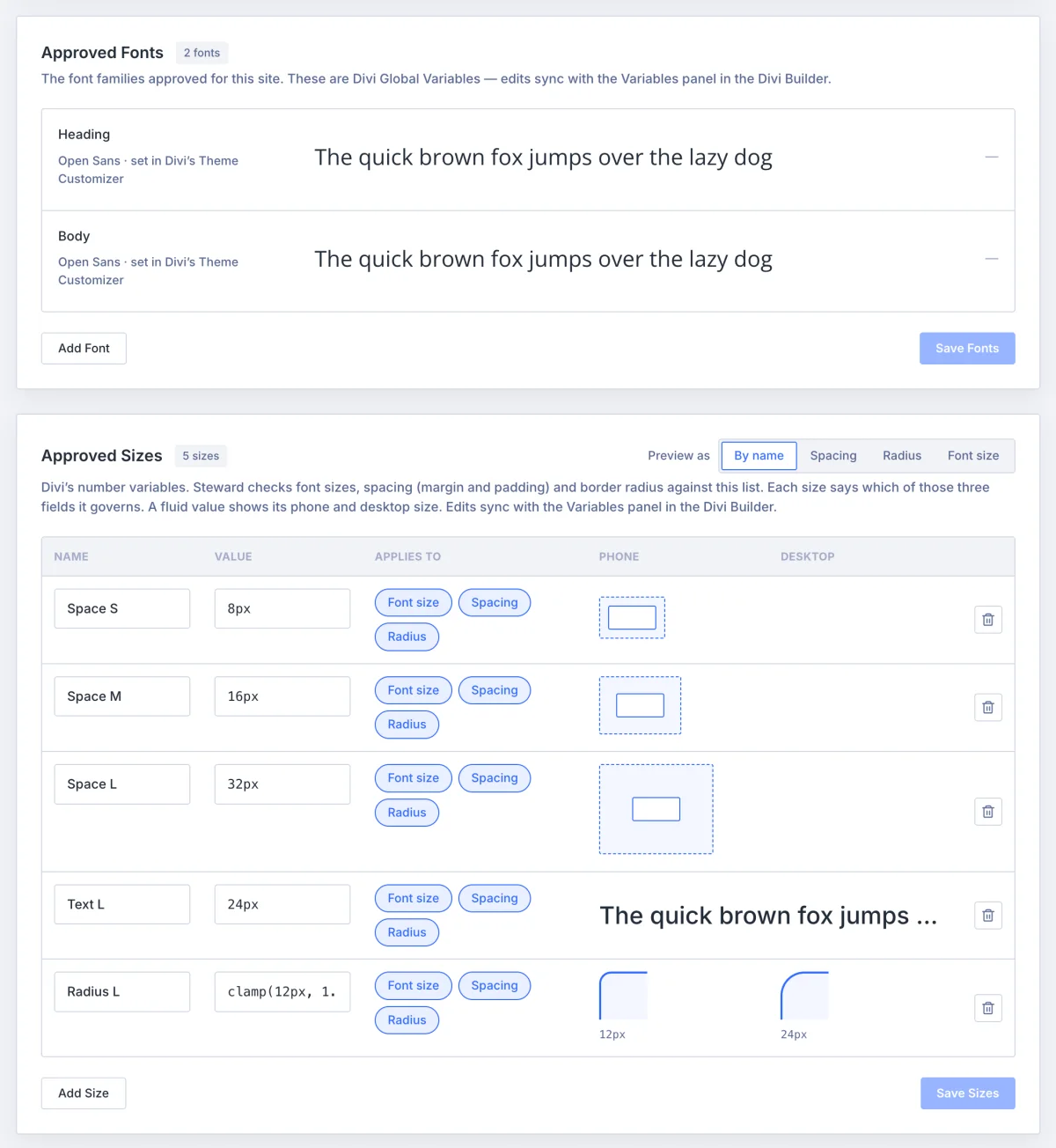 Approved fonts and sizes, each size marked for font size, spacing or radius