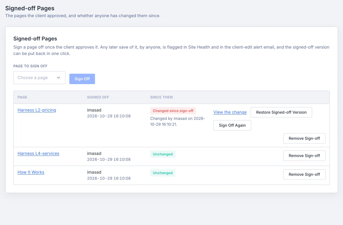 The Signed-off Pages tab with one page flagged as changed since sign-off, and the actions to view the change, restore the signed-off version or sign off again