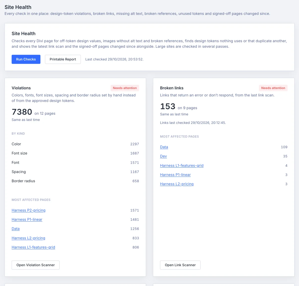 The Site Health tab with violations by kind and broken links by page, each saying how it changed since last time