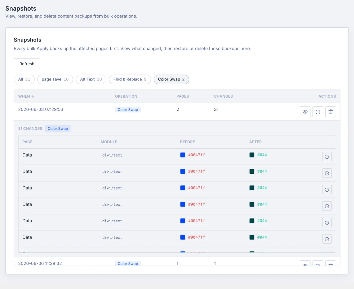 A Color Swap snapshot listing every change, ready to restore