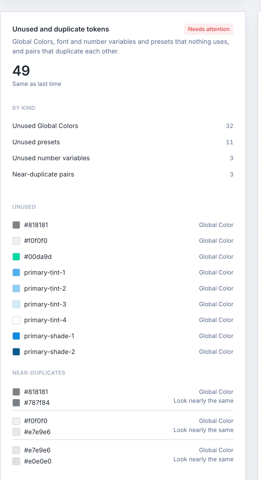Site Health listing the Global Colors nothing uses, and colours that look nearly the same