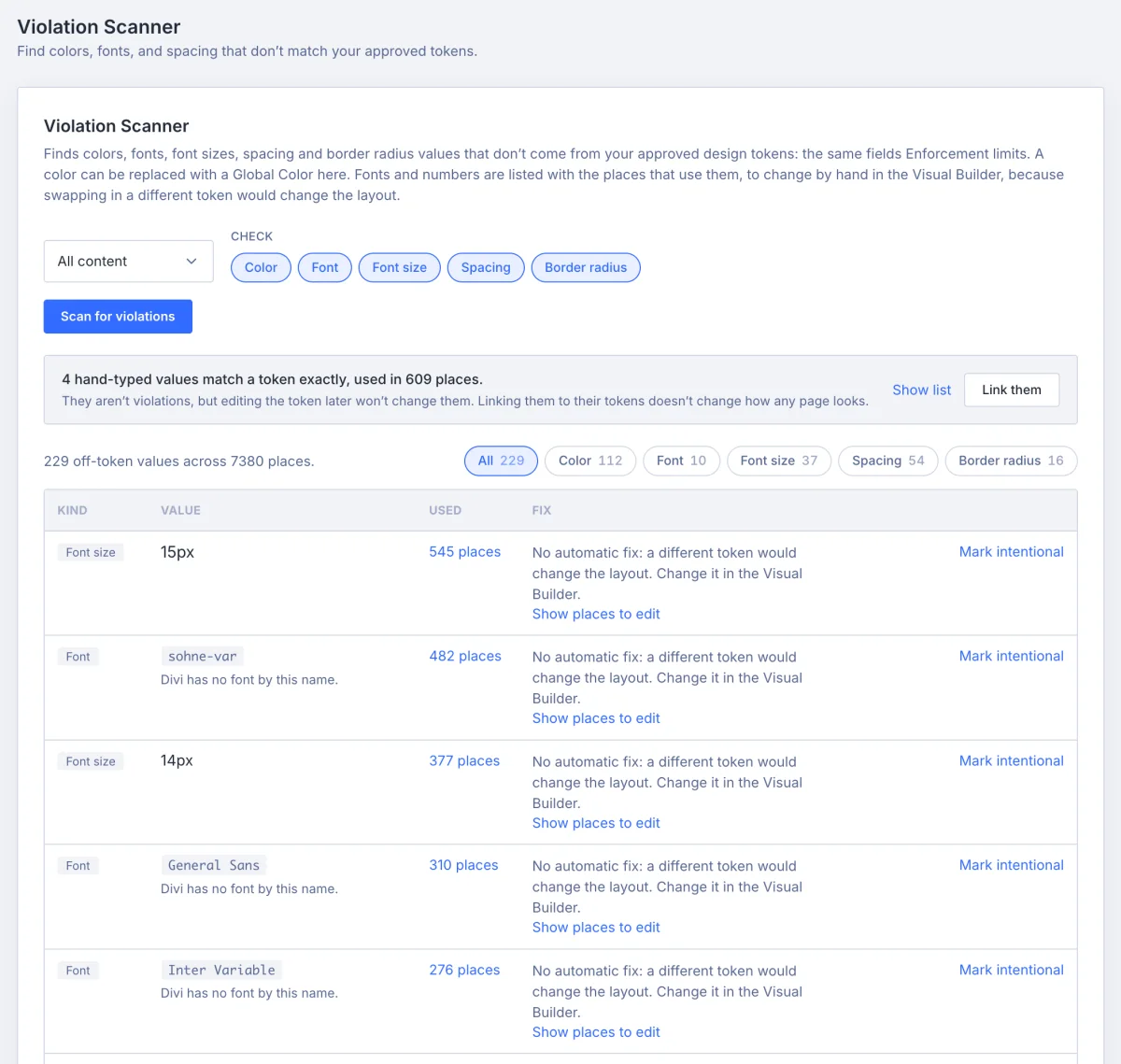The Violation Scanner offering to link hand-typed values to their tokens, and listing off-token font sizes and fonts to change in the Visual Builder