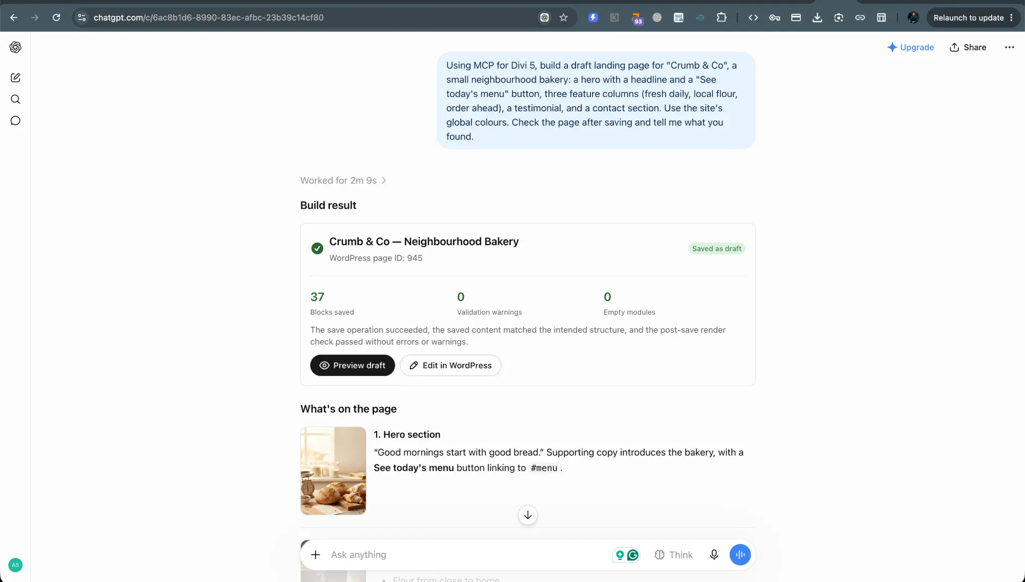 The same prompt in ChatGPT, with its build summary.