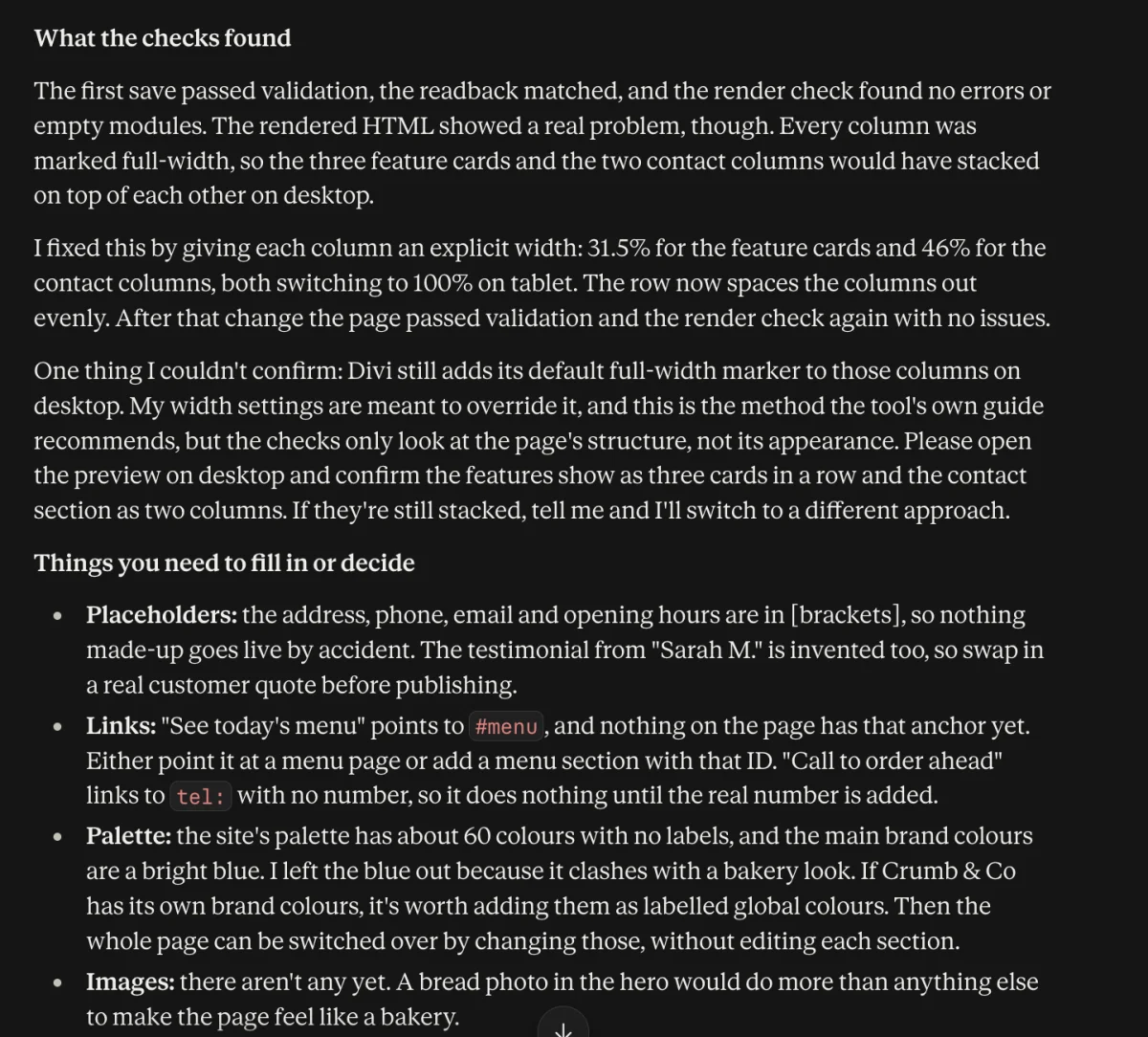 Claude reporting what the checks found after a build, and the placeholders left to fill in