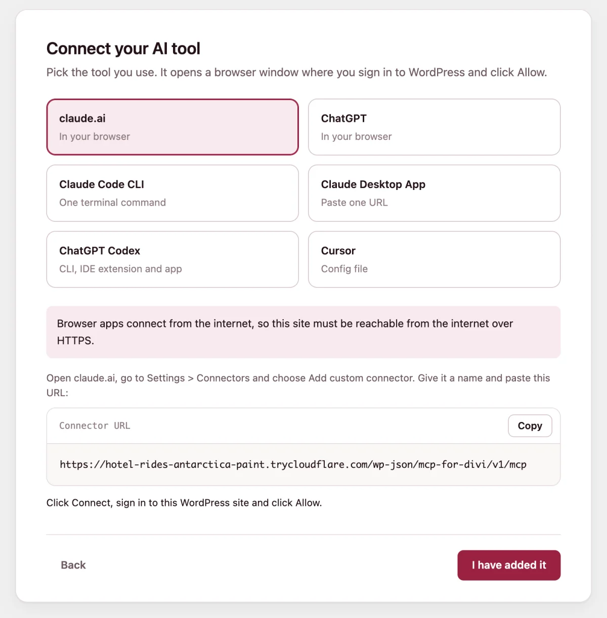 The Connect your AI tool step in WordPress, with claude.ai picked and the connector URL ready to copy
