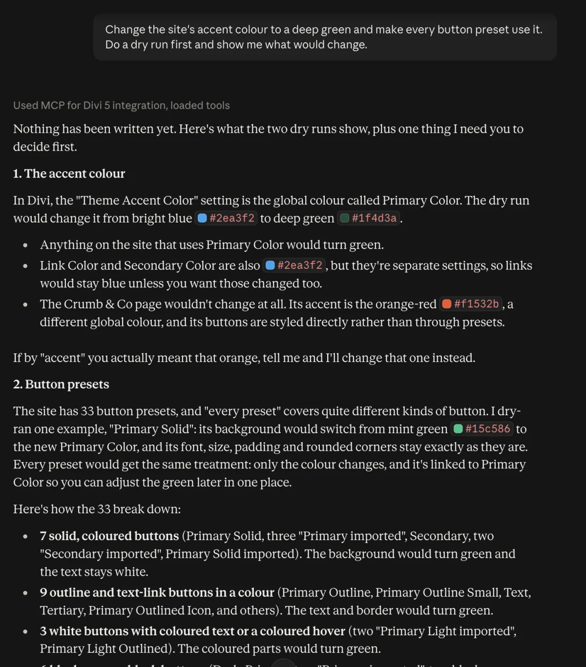 A rebrand dry run in claude.ai: nothing written yet, and the button presets that would change grouped by kind