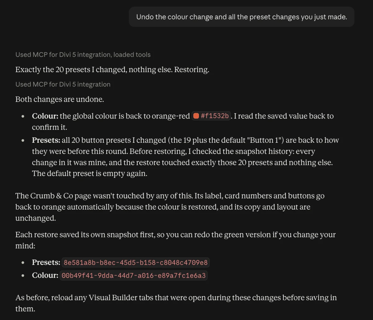 claude.ai undoing a rebrand: the colour and all 20 button presets restored in one step
