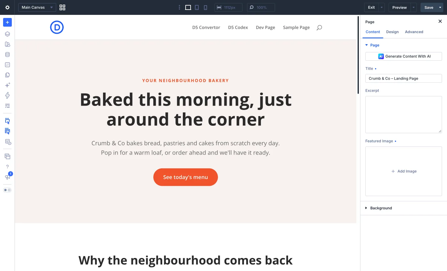 A page the assistant built, open in the Divi 5 Visual Builder