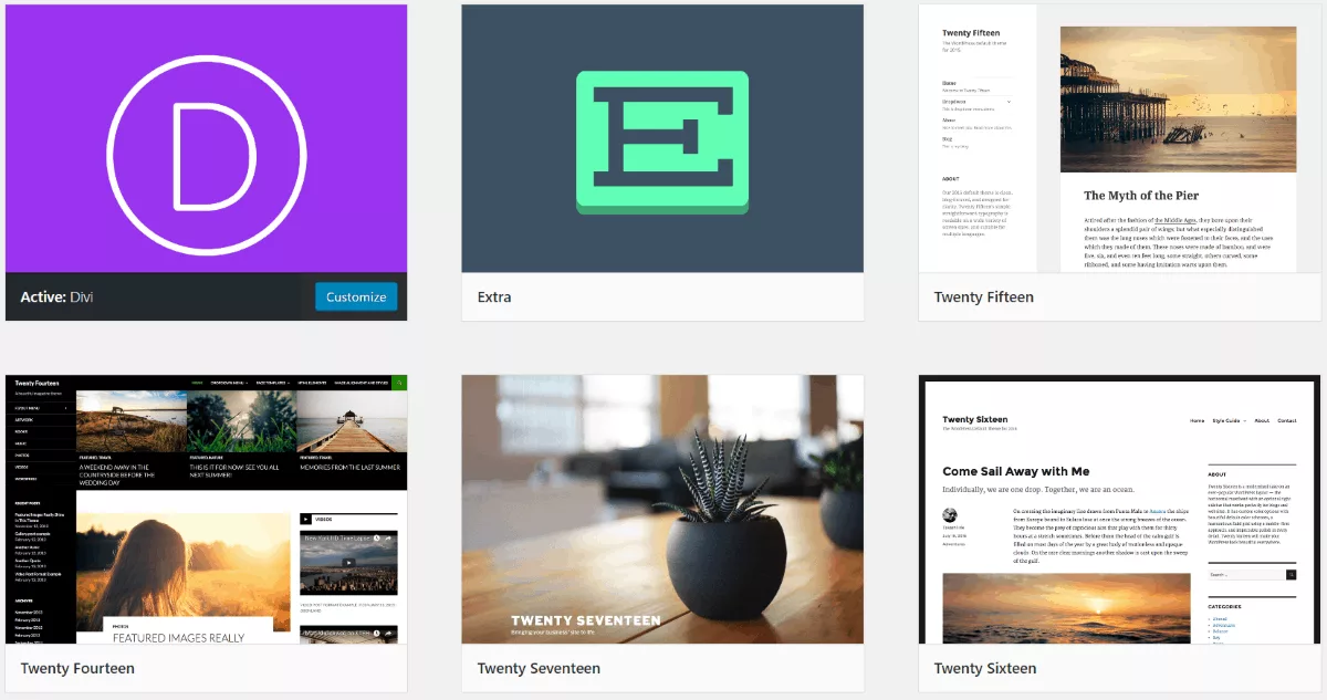 Multiple WordPress themes including Divi and Extra