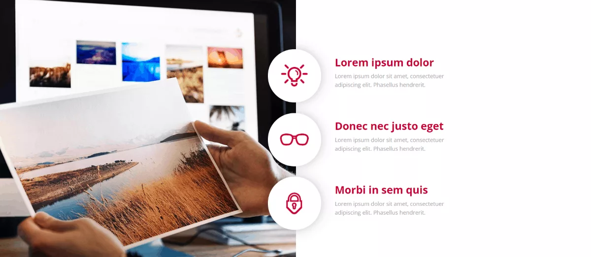 Headers Divi Layout Kit – 9 Modules features various header layouts with hero images or videos, and side-by-side text and images. Includes designs with offset messages, CTAs, slanted images, and colorful side sections, highlighting a favorite with bullets separated by icons.