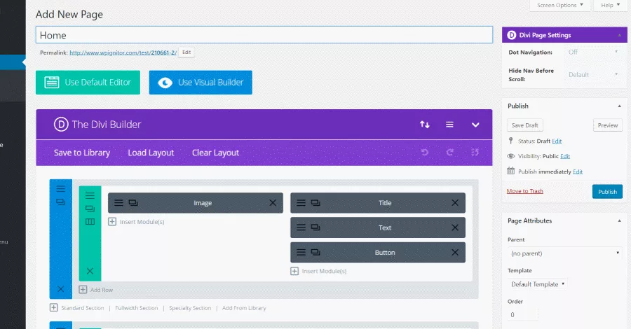Divi theme backend builder where you can add sections, rows, and modules to create your layouts.