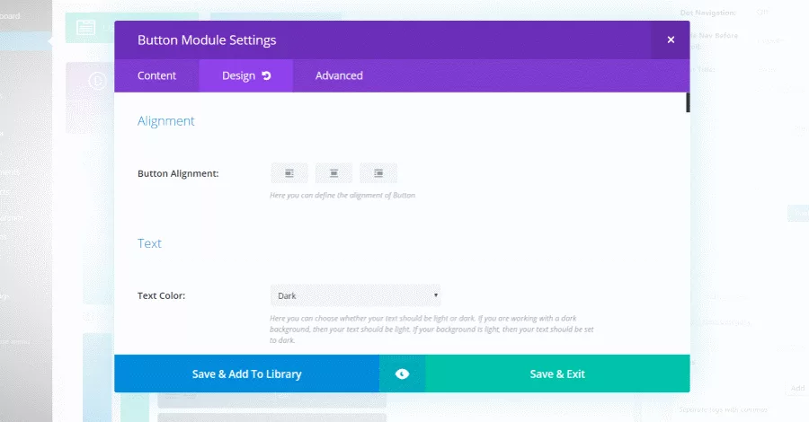 Divi theme button module settings
