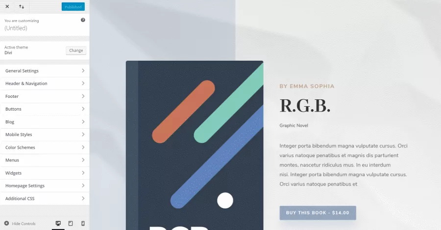 Divi’s Theme Customizer includes general settings (which includes identity, layout, typography, and background), header and navigation (including primary, secondary, fixed, etc.)