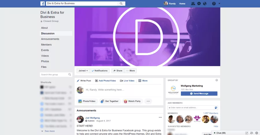 Group by Wolfgang Marketing with over 1850 members discussing Divi and Extra for business growth. Includes videos, discussions, tips, and resources on leveraging these tools for sales and business success.