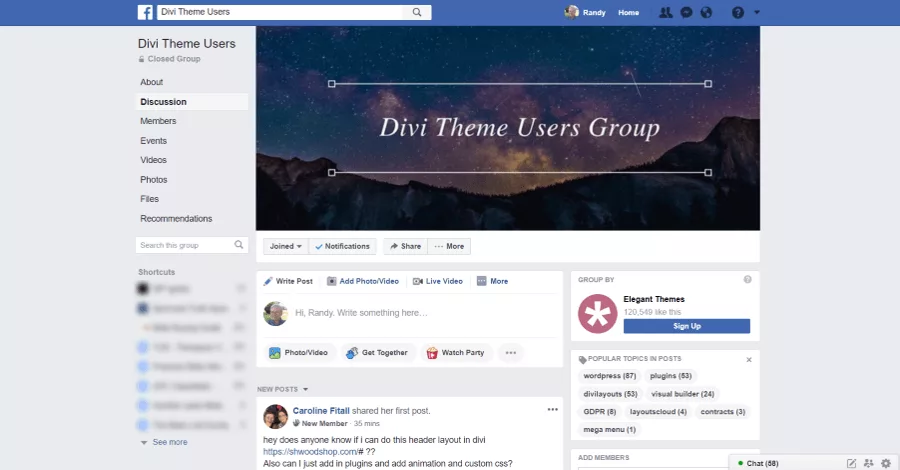 An official Elegant Themes group with 28,500+ members focusing on support, sharing files like code, PDFs, and videos. Includes WordPress and Divi meetup events, recommended services, and special posts on Wednesdays and Sundays for user work