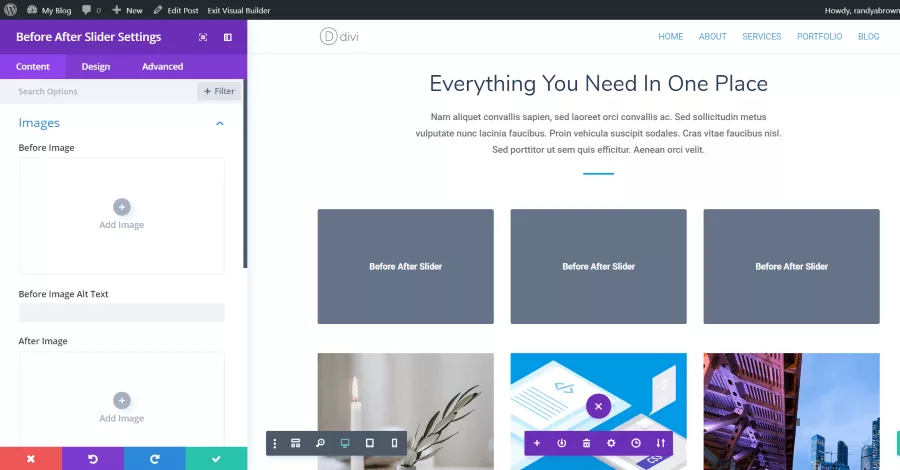 Before and After Slider for Divi plugin displaying the comparison of two images with a manual slider control. Plugin review highlights the ease of use and availability in the Divi Cake shop.