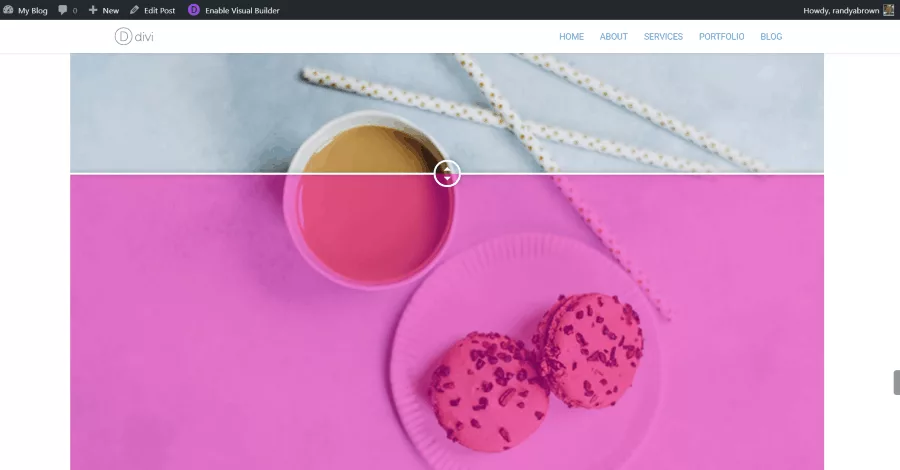Before and after images of a Divi Theme website, separated by a movable line with a circle containing arrows. Drag the circle left to view more of the after image or right to view more of the before image, with the slider initially positioned at 50%.