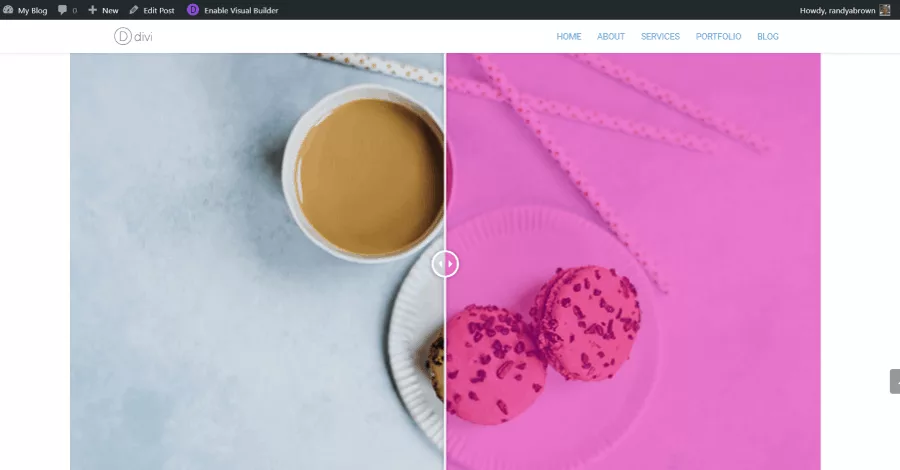 Before and after images of a Divi Theme website, separated by a movable line with a circle containing arrows. Drag the circle left to view more of the after image or right to view more of the before image, with the slider initially positioned at 50%.