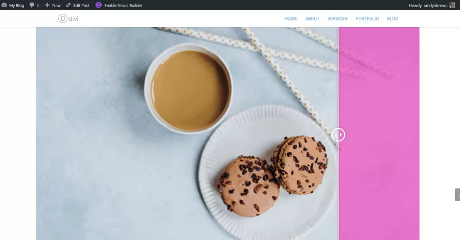 Before and after images of a Divi Theme website, separated by a movable line with a circle containing arrows. Drag the circle left to view more of the after image or right to view more of the before image, with the slider initially positioned at 50%.