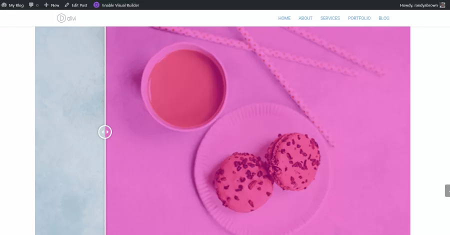 Before and after images of a Divi Theme website, separated by a movable line with a circle containing arrows. Drag the circle left to view more of the after image or right to view more of the before image, with the slider initially positioned at 50%.