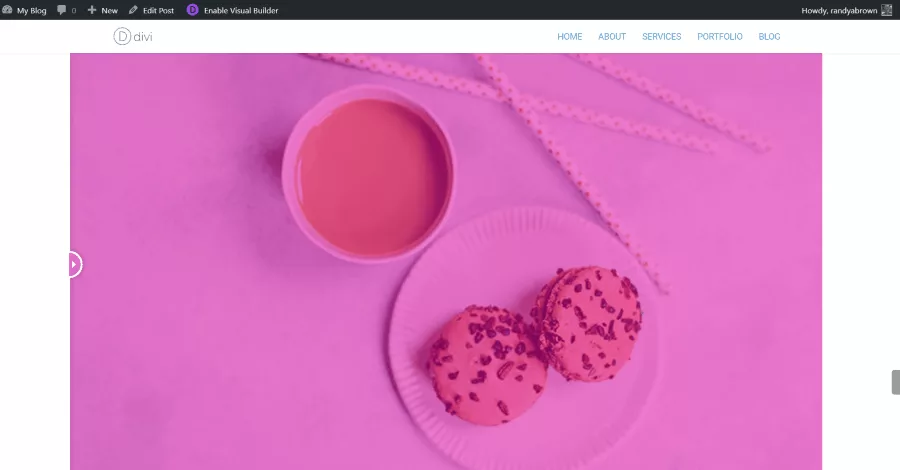 Before and after images of a Divi Theme website, separated by a movable line with a circle containing arrows. Drag the circle left to view more of the after image or right to view more of the before image, with the slider initially positioned at 50%.
