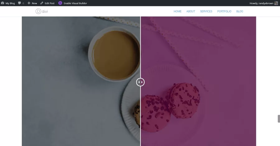 Before and after images of a Divi Theme website, separated by a movable line with a circle containing arrows. Drag the circle left to view more of the after image or right to view more of the before image, with the slider initially positioned at 50%.