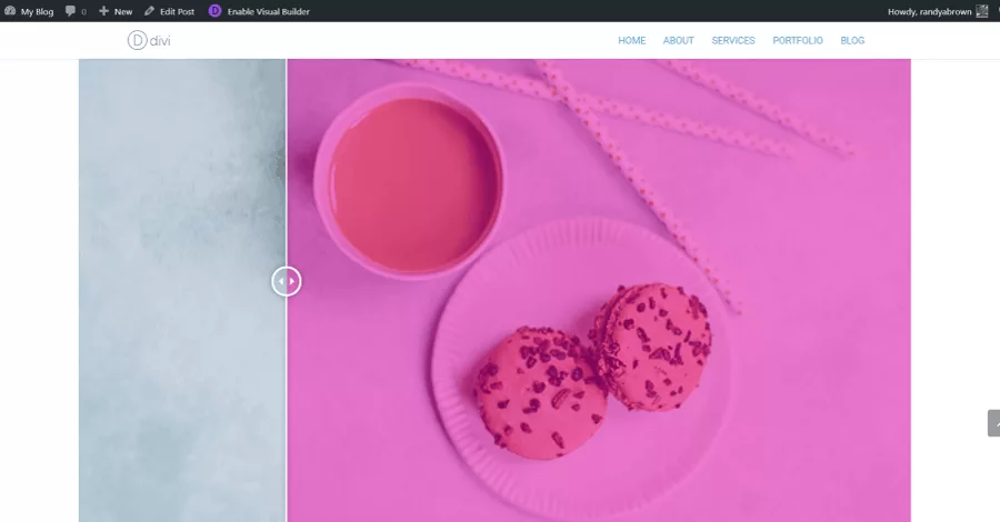 Before and after images of a Divi Theme website, separated by a movable line with a circle containing arrows. Drag the circle left to view more of the after image or right to view more of the before image, with the slider initially positioned at 50%.