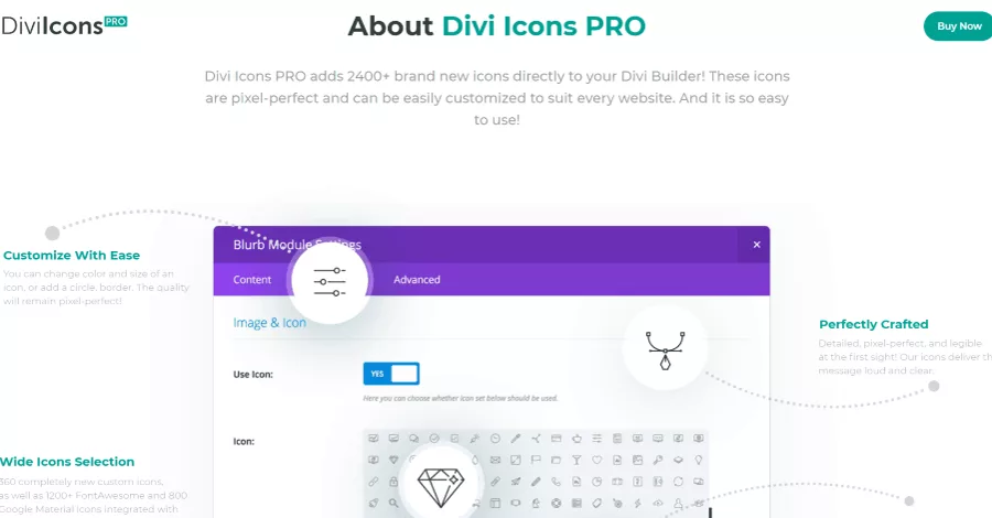 Collection of over 2400 icons available for the Divi Builder, including 360 custom icons, 1200 FontAwesome icons, and 900 Material icons. Features integration with Divi Builder, searchable and filterable options, with both free and premium versions available.