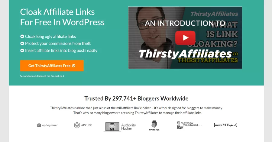 ThirstyAffiliates integrates affiliate linking tools into the WordPress editor, featuring cloaking, link protection, and auto-linking for keywords. The plugin also supports geolocation links, proactive link fixing, and automatic 404 checks, with reporting and Google Analytics integration.