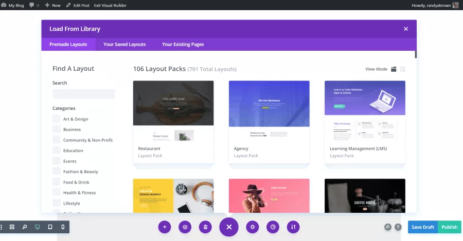 It includes the same view settings as the backend visual builder. You can upload designs that you have saved to the library.