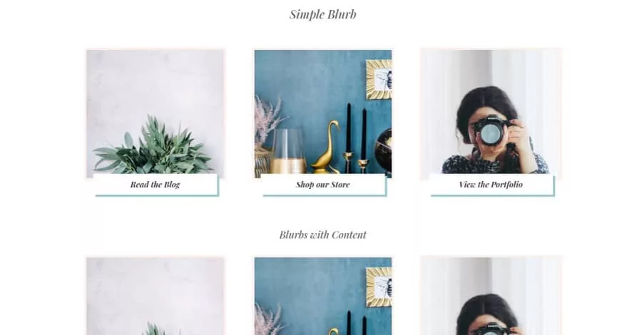 Blurbs module featuring elegant feminine or business design with zoom hover effects and color-changing wide borders. Titles overlap the image at the bottom with a box shadow, complemented by styled buttons and content.
