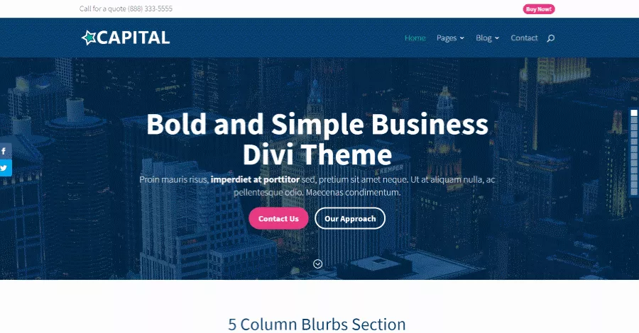 Capital theme features diverse layouts for content and blogs, including pages like 404, archive, and search. Highlight services with various modules and a uniquely styled dot navigation bar.