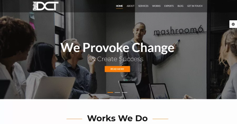 Divi Digital Agency theme featuring 7 main pages, styled modules, and customizable elements in WordPress. Includes a built-in color picker, custom preloader, mobile menu, back-to-top button, animations, and particle effects.