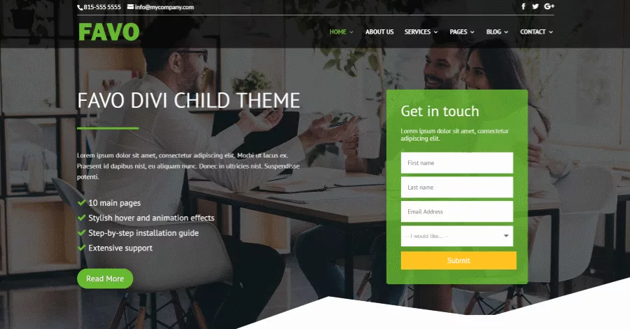 Favo design for small businesses with 14 main pages, including home, contact, and thank you pages, featuring a hero section with CTA and contact form. Services displayed in blurbs over a full-screen image with hover effects and animations, including custom 404 and category pages.