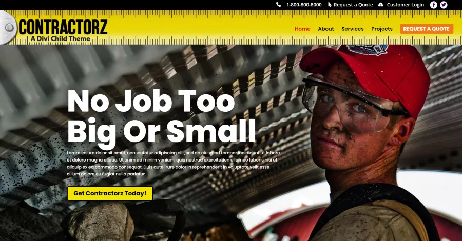 Contractorz theme for home improvement companies with 5 main pages and a CTA in the menu featuring a tape measure image. Includes Services and Projects pages showcasing work types and project examples with custom CSS styling and included images.
