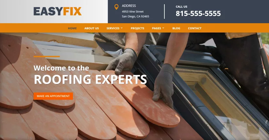 Divi Easyfix theme custom header and footer displayed on a services and projects showcase page. Includes 9 pages tailored for contractors, renovators, plumbers, and more, featuring service details, reviews, FAQs, and project examples.