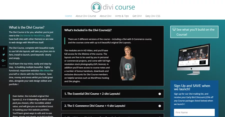 Three different Divi courses offered: Essential, E-Commerce, and Ultimate Bundle. Includes multi-page layouts, stock photography, image optimization tools, WooCommerce integration, and Monarch & Bloom plugins.