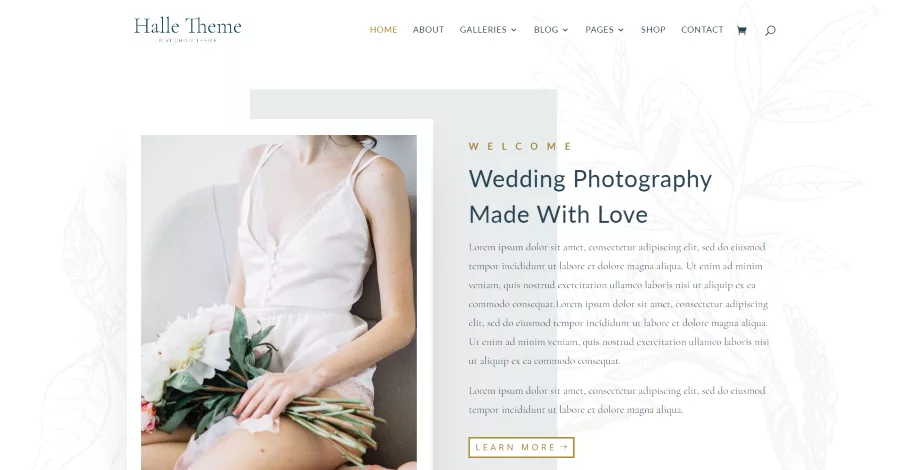 Halle WordPress theme gallery page displaying a mosaic of images in an alternating layout with descriptions.